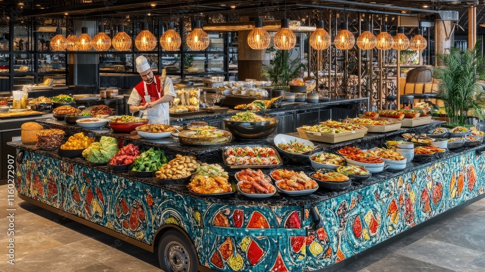 Fototapeta premium A vibrant buffet featuring a variety of colorful dishes and a chef preparing food.