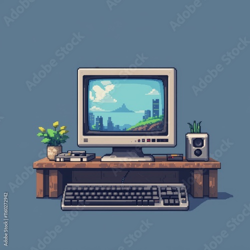 Retro Pixel Art Computer Setup: A Nostalgic 80s Vibe