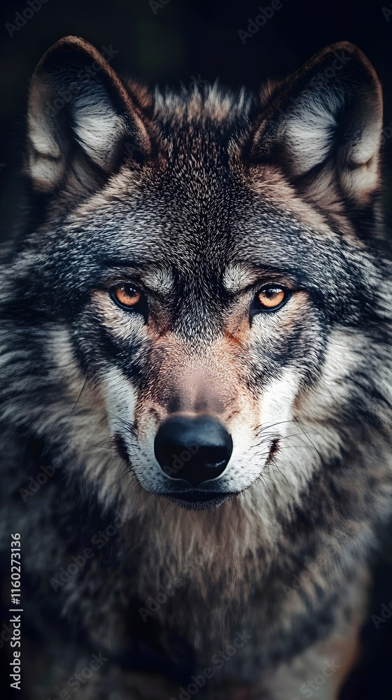 Fototapeta premium Intense Wolf Close-Up with Piercing Eyes and Detailed Fur in Natural Habitat : Generative AI