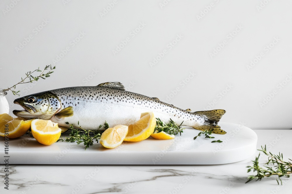 Freshwater Trout with Lemon and Thyme on Marble Board: A Culinary Still Life Freshwater Trout with Lemon and Thyme on Marble Board: A Culinary Still Life