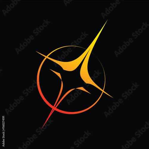 The image shows a logo design of abstract starlight in yellow red gradient that looks clean and sharp on a black background