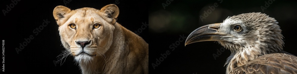 Fototapeta premium A striking portrait of a lioness and a vulture, showcasing their unique characteristics and expressions.
