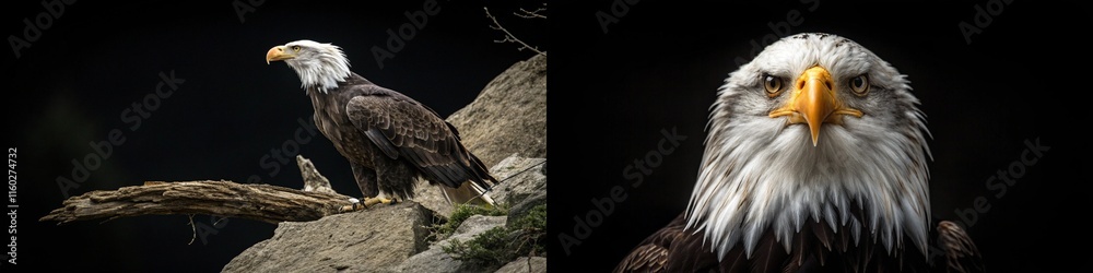 Fototapeta premium Dynamic images of an eagle perched on rocks, showcasing its powerful presence and striking features.