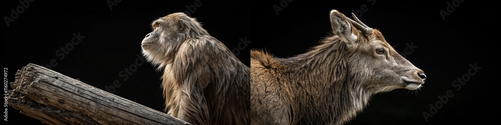 Fototapeta premium A captivating image of a monkey and a deer, showcasing their distinct features and expressions.