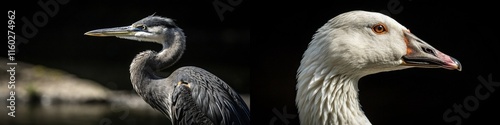 Elegant heron and goose portraits, showcasing their distinct features against a dark backdrop. photo