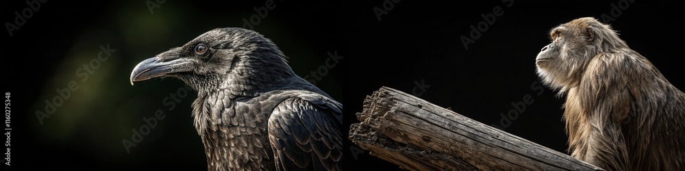 A captivating juxtaposition of a raven and a monkey, showcasing their unique characteristics and expressions. A captivating juxtaposition of a raven and a monkey, showcasing their unique characteristics and expressions.