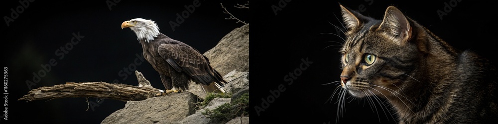 A dramatic juxtaposition of a regal eagle and a curious cat, showcasing their unique features and expressions. A dramatic juxtaposition of a regal eagle and a curious cat, showcasing their unique features and expressions.