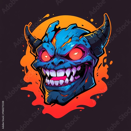 Fierce Demon Head Illustration: A Glowing Blue Devil with Sharp Teeth and Horns photo