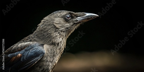A crow in profile, capturing its sharp features and intelligent gaze against a dark background. photo
