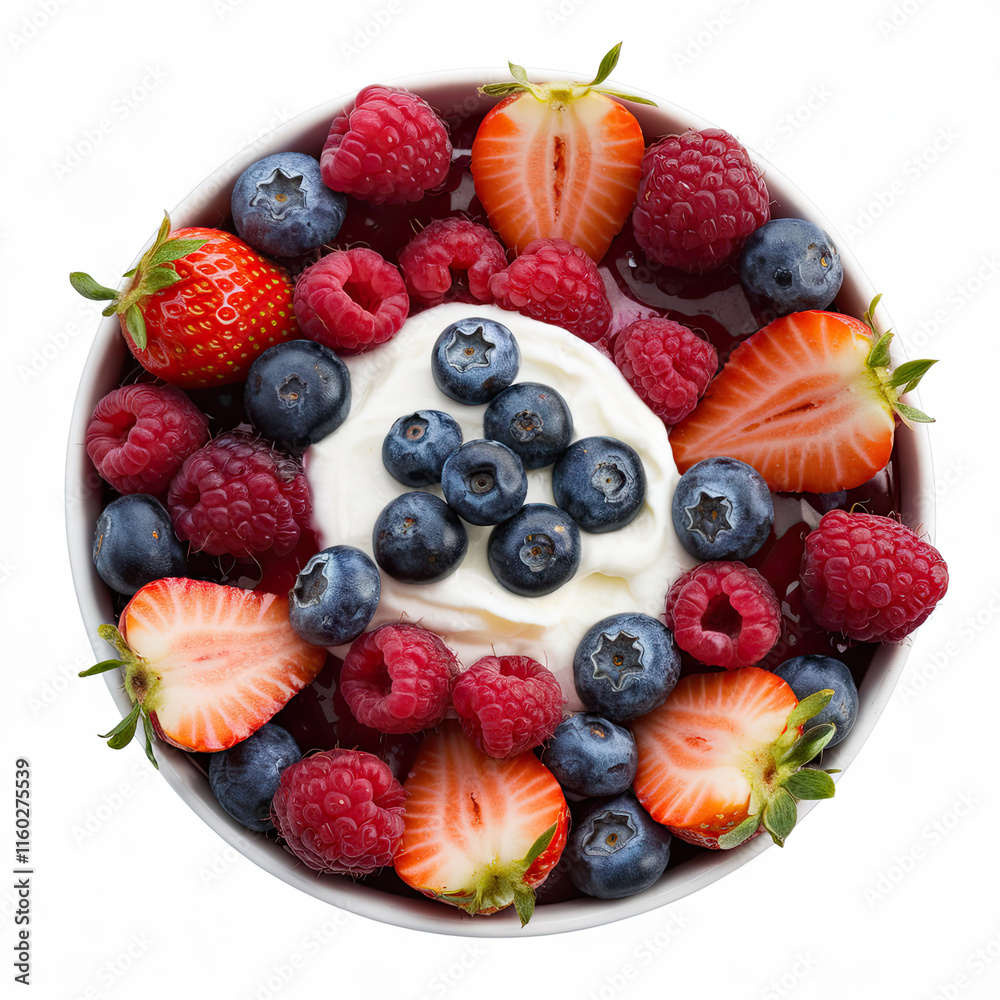 Obraz premium Bowl of Fresh Fruits with Creamy Yogurt Topping, Strawberries, Blueberries, Raspberries, and Blackberries, Smooth White Yogurt at Center, Isolated on White Background, Healthy and Fresh Food 
