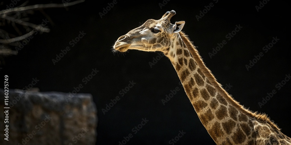 Fototapeta premium Graceful giraffe profile highlighting its long neck and distinctive patterns against a dark backdrop.