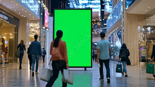 A mockup of an green screen vertical blank billboard poster standing in the middle of a shopping mall, with people walking around and passing by,