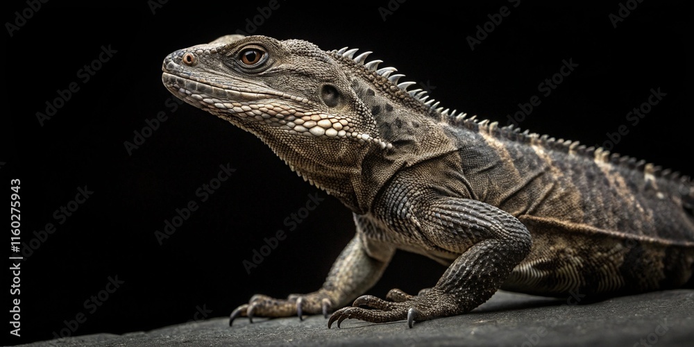 Obraz premium A rugged lizard poses confidently, showcasing its textured skin and sharp features against a dark background.
