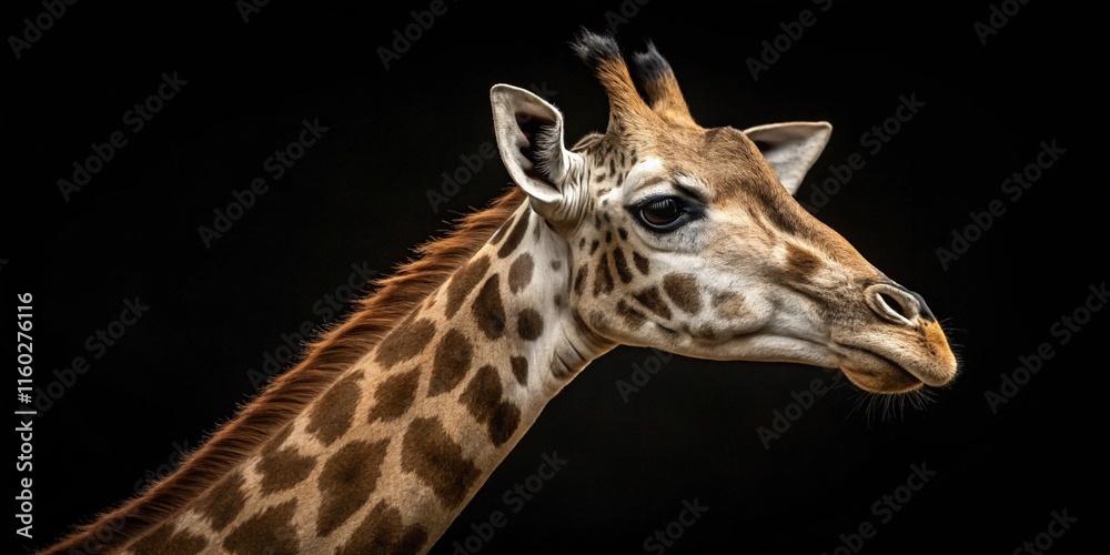 Obraz premium Graceful giraffe portrait showcasing its long neck and unique patterns against a dark backdrop.