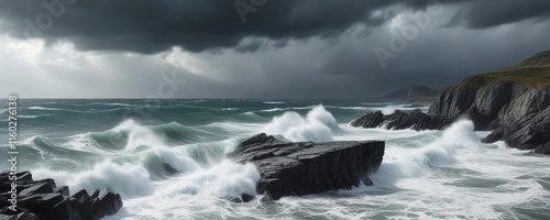 Grey stormy sky over tumultuous sea with waves crashing on rocky shore, stormy, dramatic