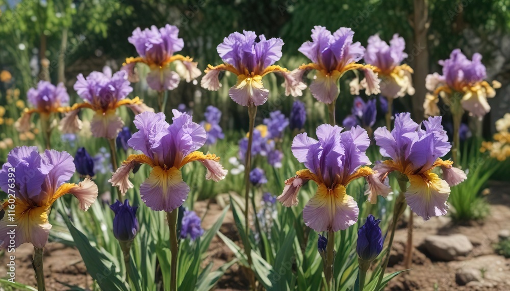 Group of multicolored irises with shriveled petals in a garden, flowers, shriveled, multicolored, colorful, withered Group of multicolored irises with shriveled petals in a garden, flowers, shriveled, multicolored, colorful, withered