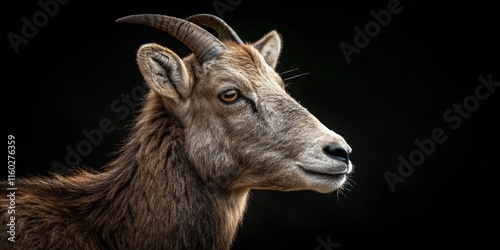 A serene mountain goat gazes thoughtfully, highlighting its unique features and rugged beauty. photo