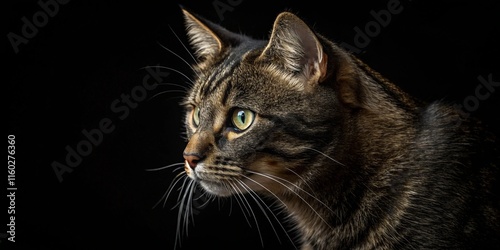 Intense gaze of a tabby cat captured in a striking profile against a dark background. photo