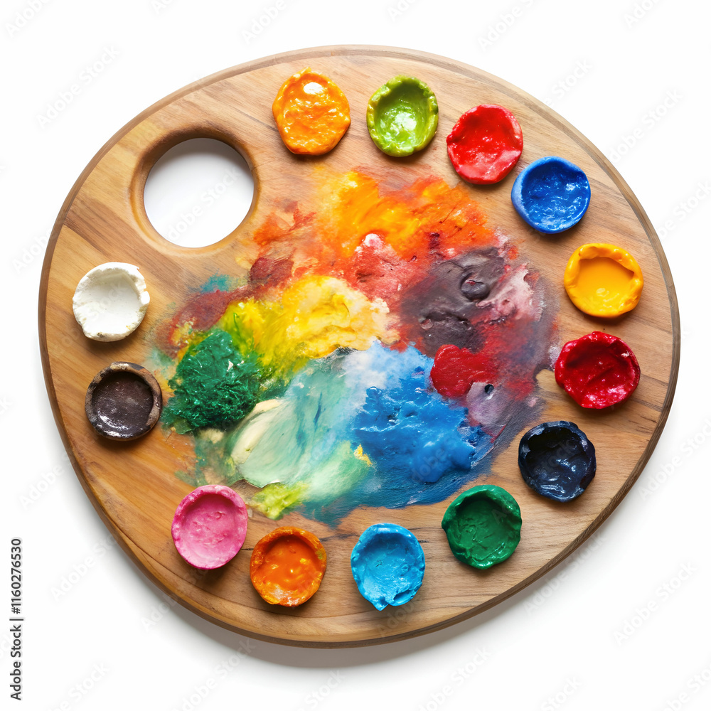 A colorful painting palette with vibrant paint spots, set against a white background, A colorful painting palette with vibrant paint spots, set against a white background,