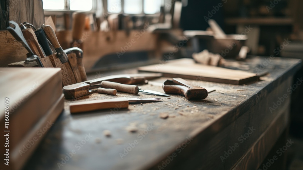 An atmospheric woodworking workshop with hand tools and custom furniture, Bespoke woodworking craftsmanship style, photo of An atmospheric woodworking workshop with hand tools and custom furniture, Bespoke woodworking craftsmanship style, photo of