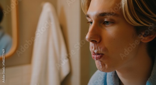 Young caucasian male rinsing mouth in bathroom
