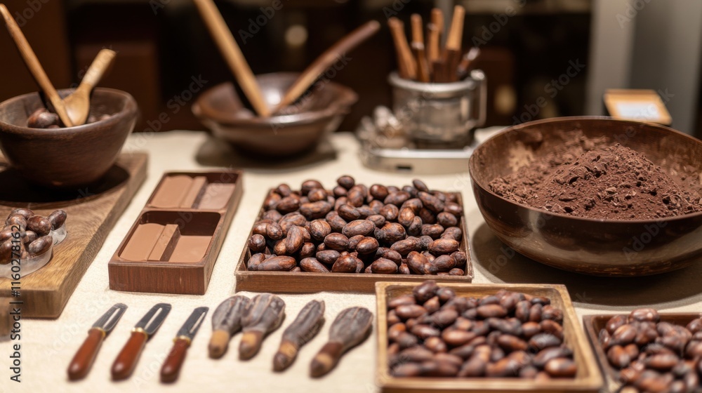 An elegantly set up artisan chocolate-making workshop, Cocoa beans and confectionery tools in meticulous display, Gourmet chocolate craftsmanship style An elegantly set up artisan chocolate-making workshop, Cocoa beans and confectionery tools in meticulous display, Gourmet chocolate craftsmanship style