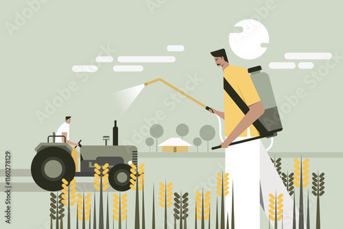 Illustration of a farmer spraying pesticide in an agricultural field
