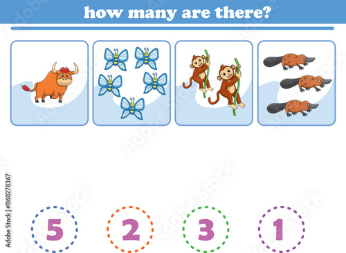 Counting game of wild animals for preschool kids. Printable. Vector Illustration