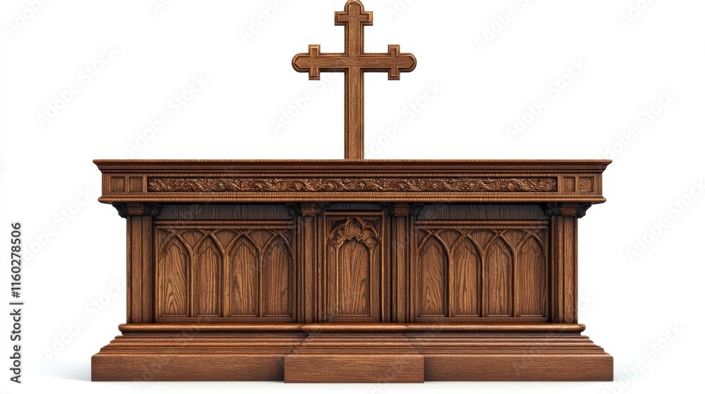 A detailed wooden altar with a cross, showcasing intricate carvings and a classic design, often used in religious settings. A detailed wooden altar with a cross, showcasing intricate carvings and a classic design, often used in religious settings.