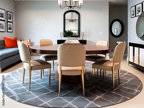 A modern dining room with a table set with plates and glasses on it