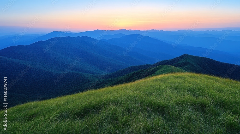Naklejka premium Sunset over rolling blue mountains, grassy peak.