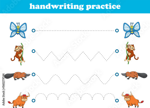 Handwriting Practice. Tracing lines for kids with animals. Vector Illustration