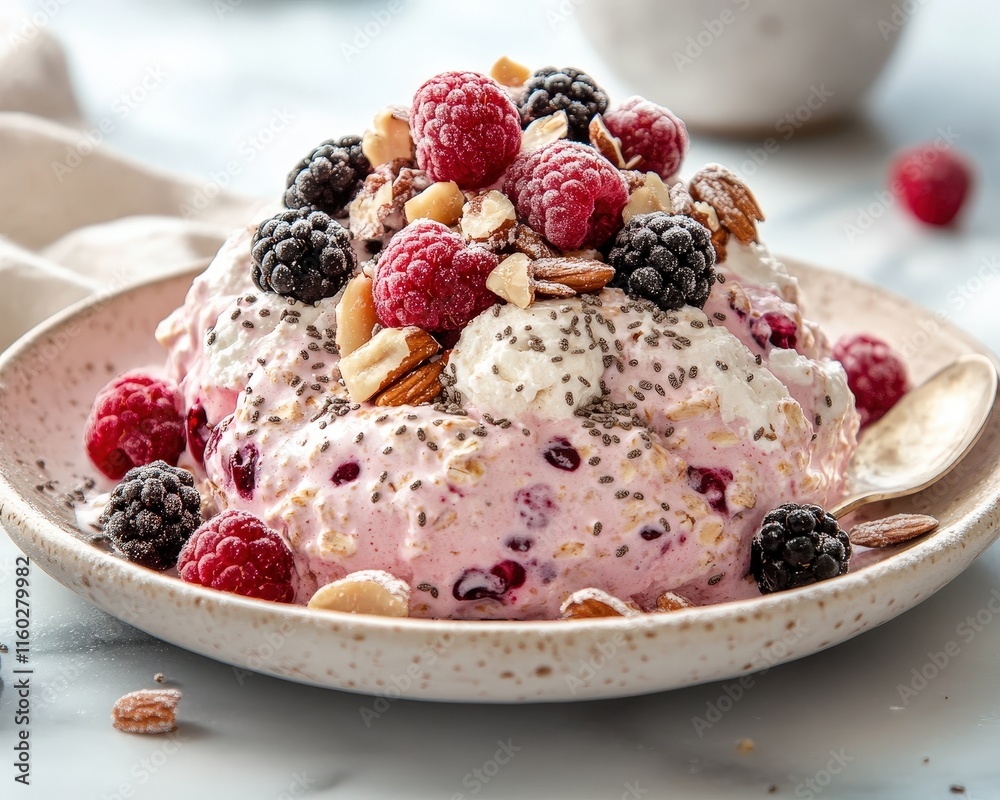 Delicious dessert topped with berries and nuts on a plate. Delicious dessert topped with berries and nuts on a plate.