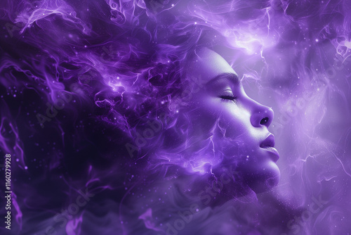 Woman suffering from epilepsy. Purple female face with copy space representing epilepsy or seizure disorder. Epilepsy awareness concept.