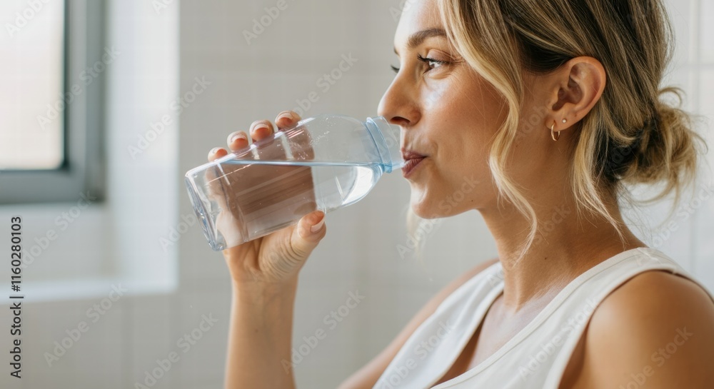 Young caucasian woman drinking water from bottle in kitchen Young caucasian woman drinking water from bottle in kitchen