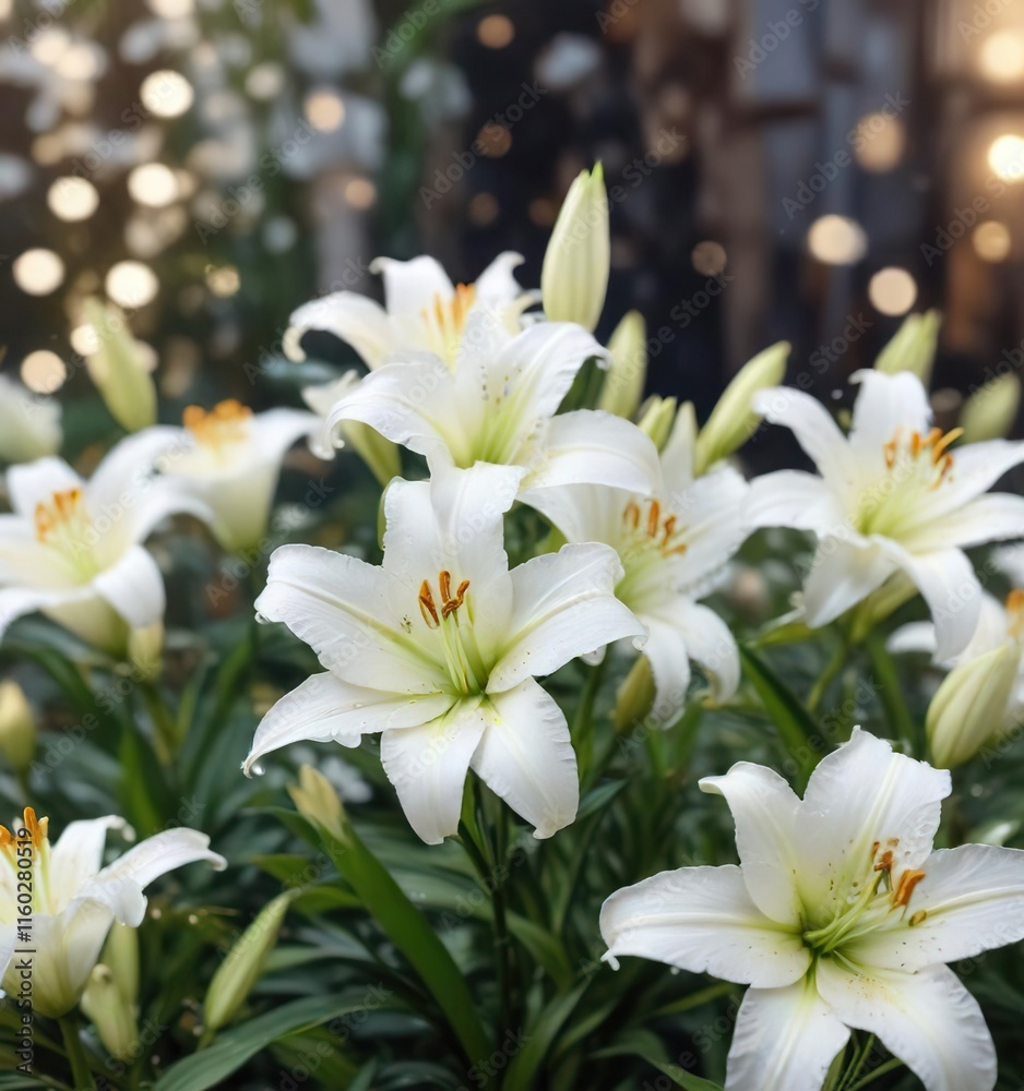 Fototapeta premium Lovely white lilies with a bokeh effect creating a dreamy atmosphere, environment, outdoor