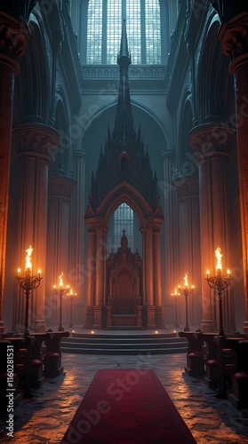 Majestic Gothic fantasy castle hall with throne and torches photo