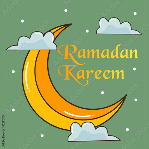 Cartoon illustration of Ramadan Kareem with moon and clouds for Islamic Culture Greeting Card and Poster.