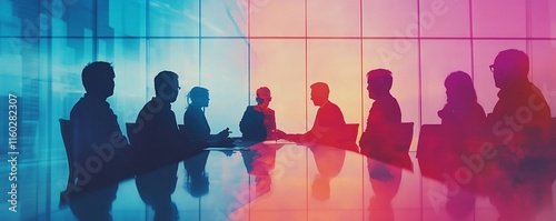 Silhouettes of a business team in a corporate meeting, sunlight glowing through office windows. Perfect for teamwork, coworker, and presentation concepts.