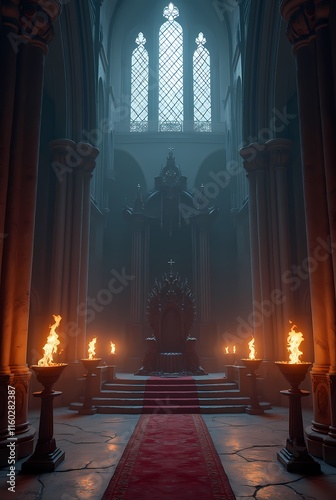 Majestic Gothic fantasy castle hall with throne and torches photo