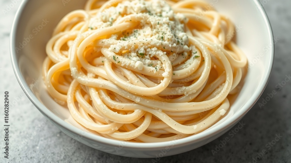 Close-Up of Creamy Spaghetti with Grated Cheese in a White Bowl Close-Up of Creamy Spaghetti with Grated Cheese in a White Bowl