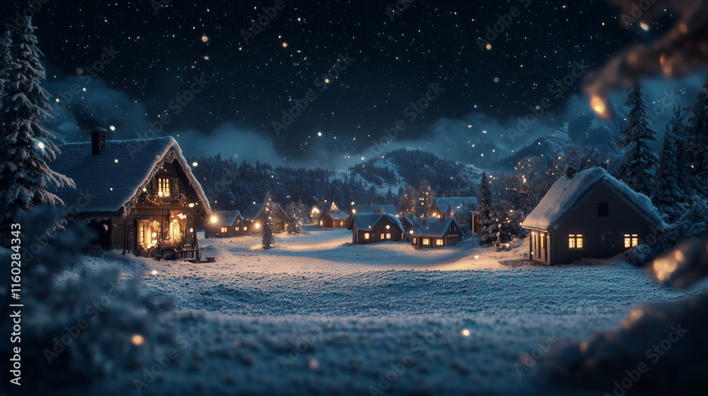 Fototapeta premium A snowy night scene with houses and. Christmas, winter, village, houses trees, light, night, new,. New trees lit up the night. Christmas lights in the village at night with trees in winter. Lifestyle.
