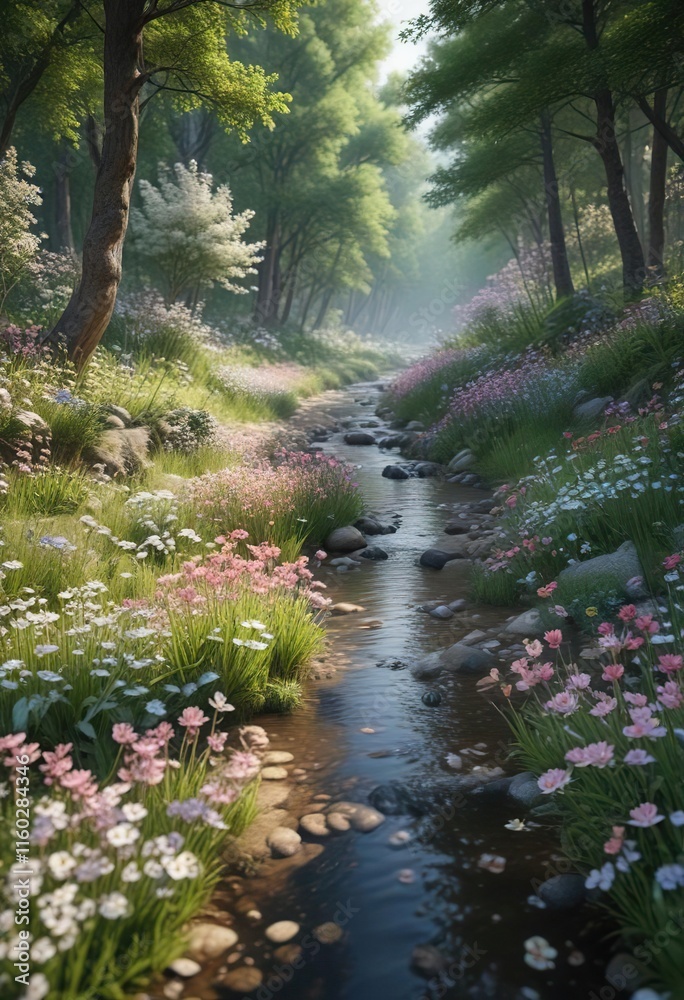 Peaceful stream winding its way through forest filled with blooming flowers, landscape, greenery, stream Peaceful stream winding its way through forest filled with blooming flowers, landscape, greenery, stream