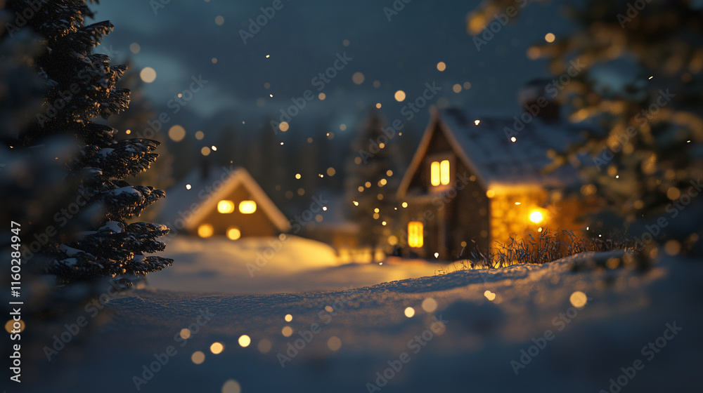 Naklejka premium A snowy night scene with houses and. Christmas, winter, village, houses trees, light, night, new,. New trees lit up the night. Christmas lights in the village at night with trees lifestyle in winter.