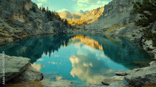 Tranquil reflection of a secluded mountain lake alpine region nature photography serene environment aerial view photo