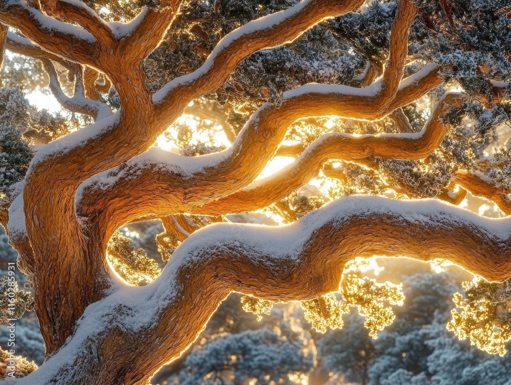 Fototapeta premium Snowy winter wonderland forest soft sunlight filtering through branches nature photography peaceful atmosphere
