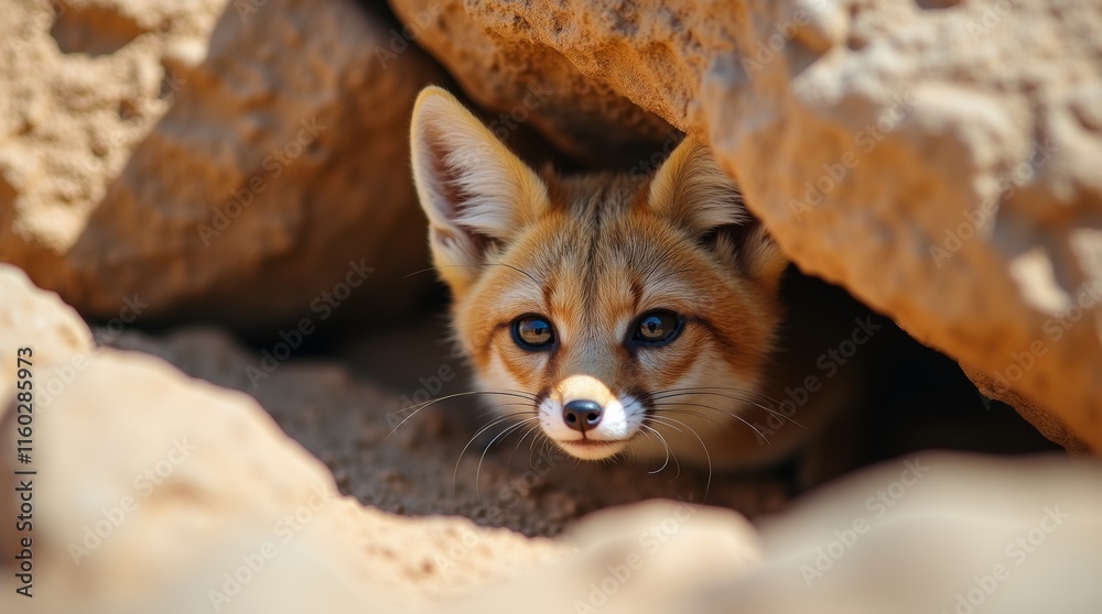 Fototapeta premium close-up of a desert fox peering out from behind a rock