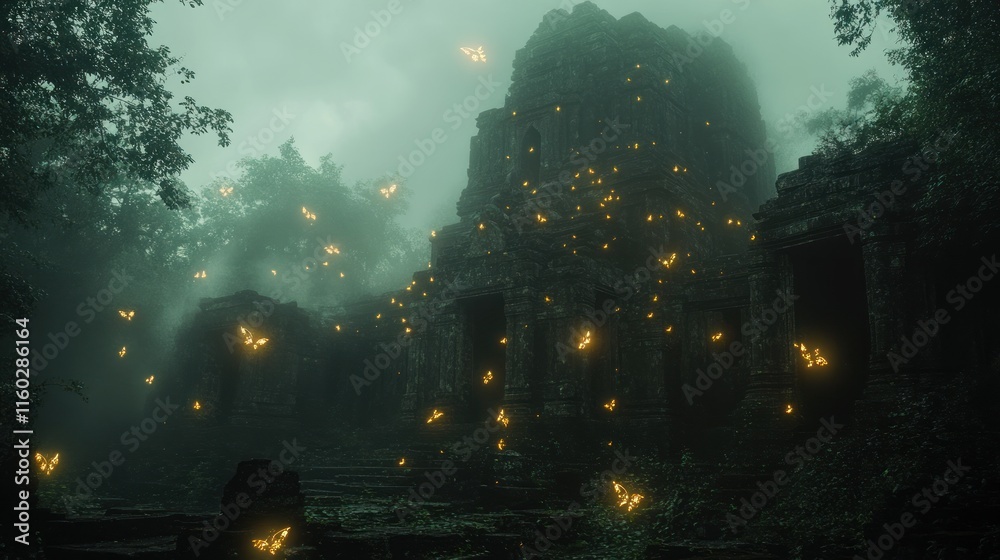 Glowing butterflies surround ancient, misty temple ruins. Glowing butterflies surround ancient, misty temple ruins.