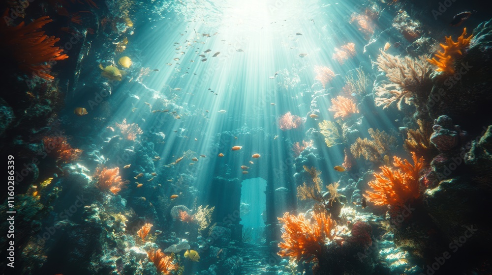 Fototapeta premium Exploring underwater ancient ruins with mystical light rays and schools of fish ocean depths photography serene environment