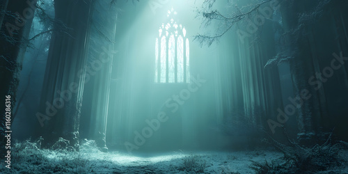 Enchanting Gothic Cathedral Interior Amidst Misty Forest With Soft Light : Generative AI photo